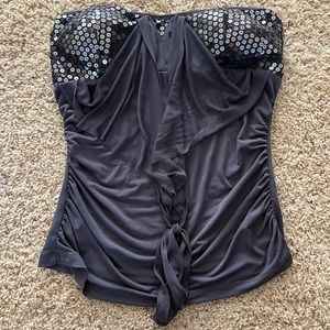 Gray and chrome sequin halter top.